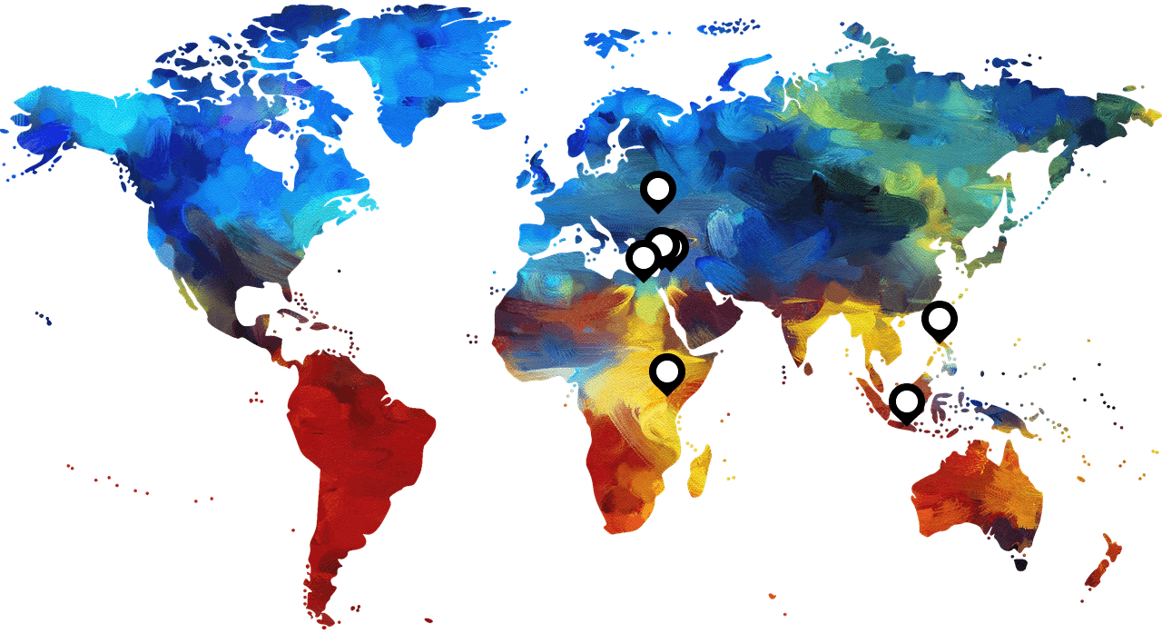 World map with pins showing Graduate Program locations